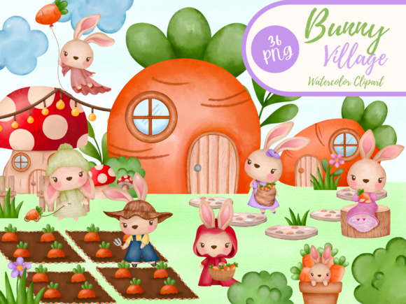 Download Bunny Village Watercolor Clipart - Premium Resources